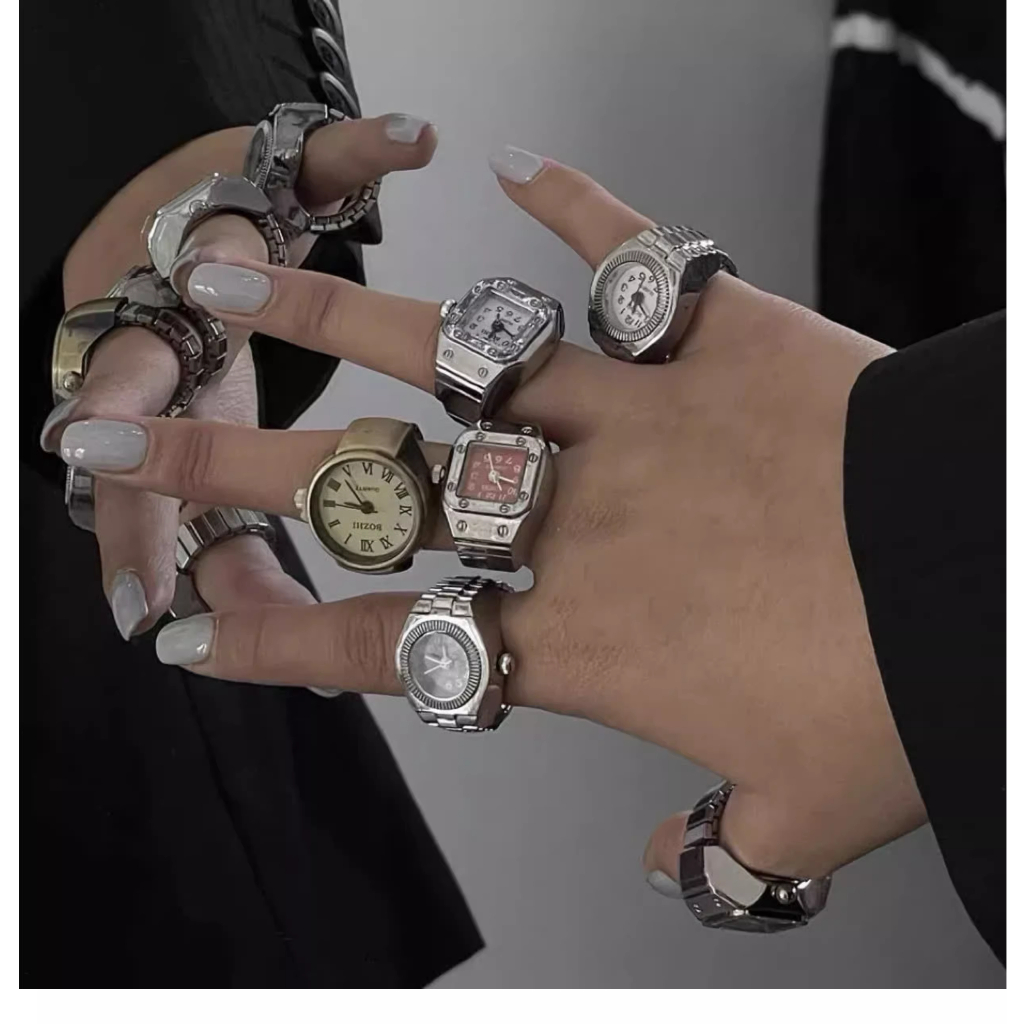 Anel Mini Relógio Quartz Prateado Ajustável