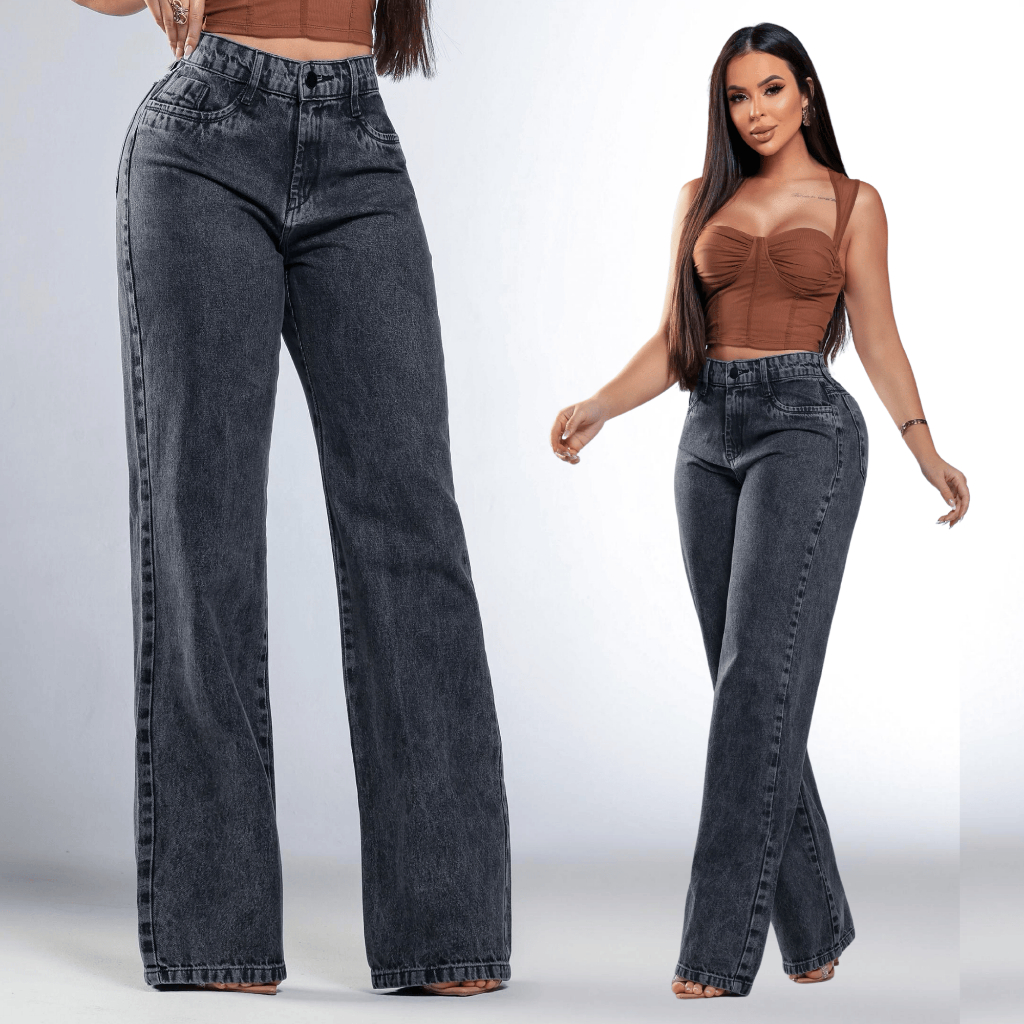 Calça Jeans Wide Leg Marmorizada Grafite Levanta Bumbum 36 ao 46 ...