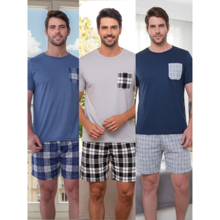 Kit 3 Conjuntos Pijamas Masculino Xadrez Short Curto Verão Original em Oferta na Shopee