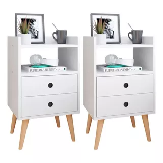 Conjunto Mesa de Cabeceira 2 Gavetas Retro Pés Palito Mesinha Lateral Quarto Grande Luxo Decor