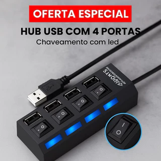 Hub USB 4 Entradas com Botão Liga/Desliga Interruptor Individual – Para PC e Notebook