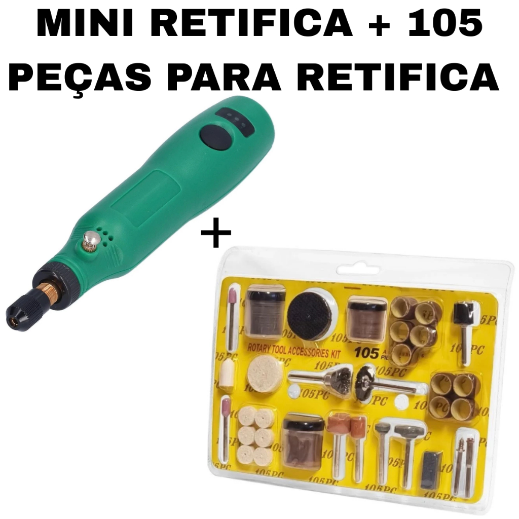 Mini Retífica Recarregável + Kit Completo com 105 Peças | Portátil ...