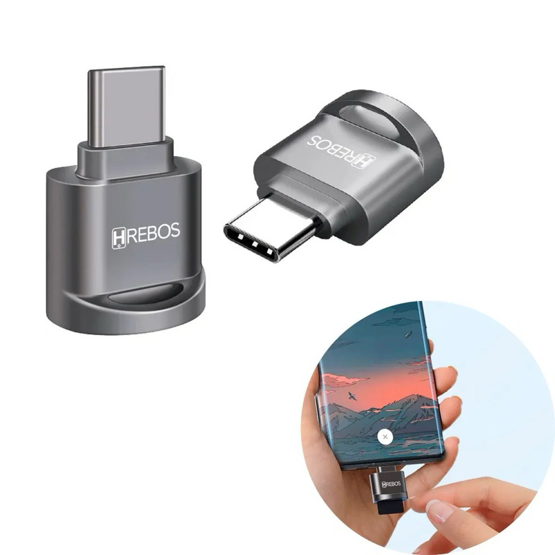 HREBOS – Leitor e Adaptador OTG Micro SD para USB-C AD-050C Prata | Transferência Rápida Plug and Play