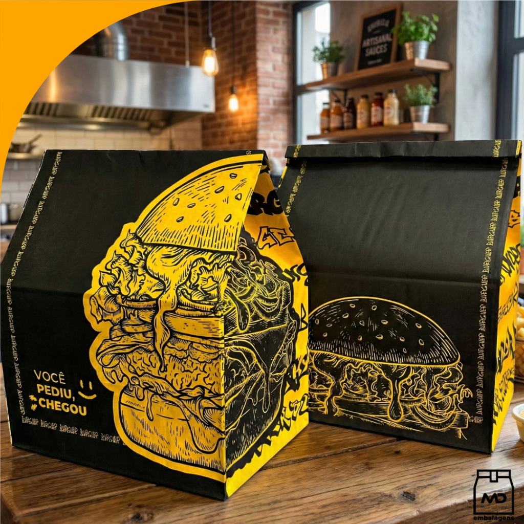 Sacos De Papel Kraft Tamanho M e G Embalagem Delivery Burgue