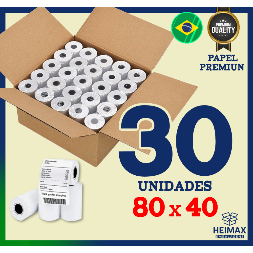Bobina Térmica 80x40 para Cupom Fiscal PDV Impressora Caixa com 30 ...
