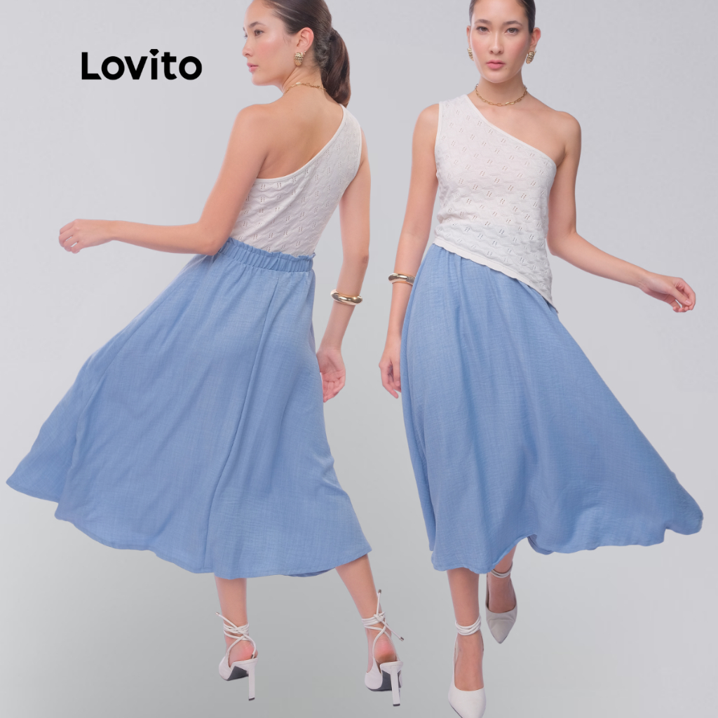 Lovito Saia Midi Elegante Rodada Azul Cintura Alta Feminina Casual Lisa LB1051BRL1081