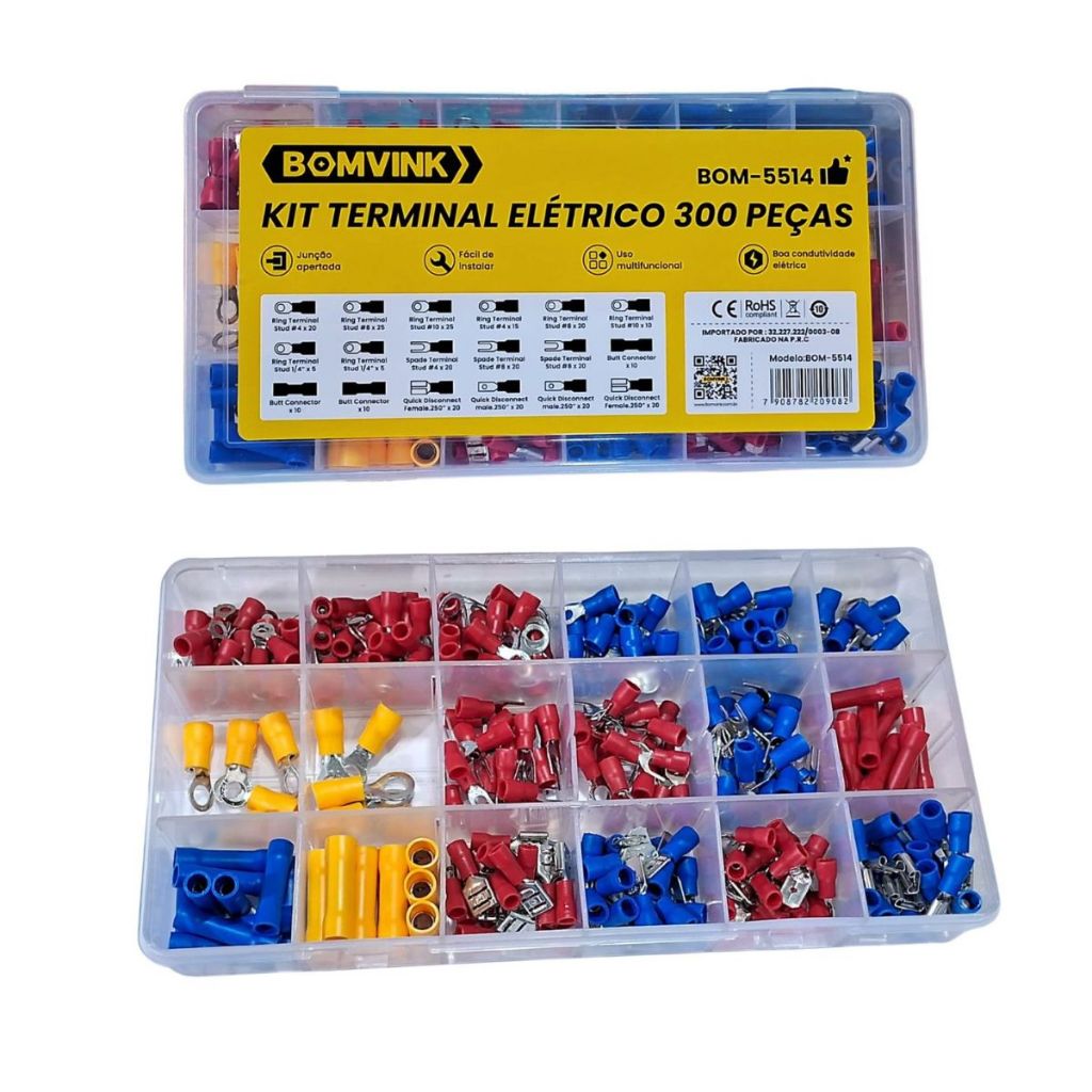 Kit Terminal Elétrico Conectores 300 peças com Maleta Uso Eletricista ...