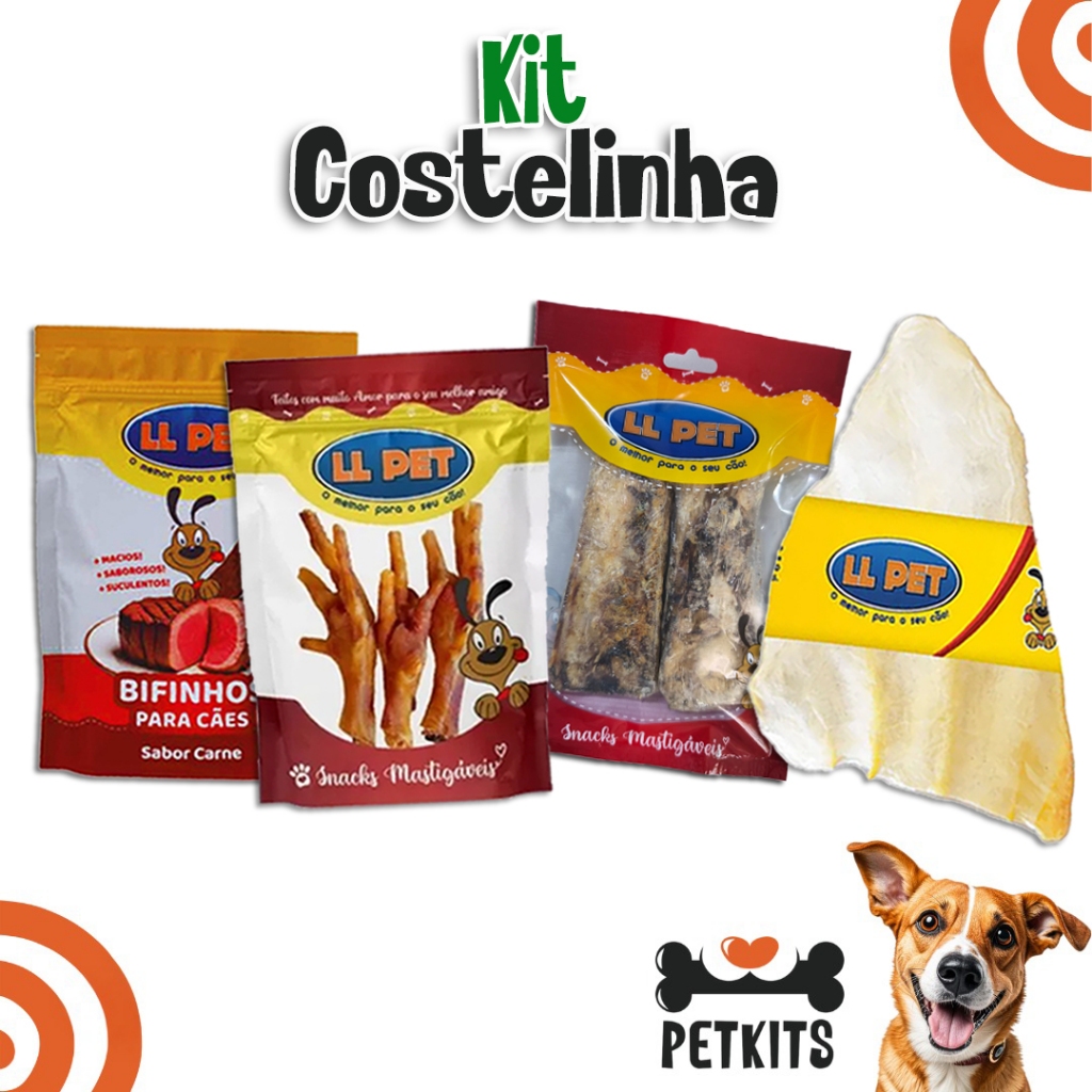 Petisco Natural Mordedor Kit Costelinha para Cães (Costela Bovina, Orelha Bovina, Pé de Galinha, Bifinho) em Oferta na Shopee
