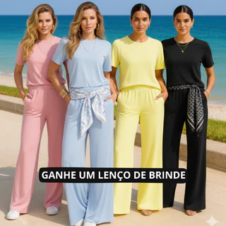 Conjunto Feminino Moletinho Calça Pantalona e Camiseta Confortável Moda Premium Tendência Lenço Brinde em Oferta na Shopee