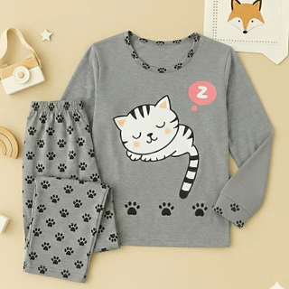 Pijama De Inverno Gatinho Cinza Malha Premium Longo Manga Comprida e Calça Feminino Adulto Estampado em Oferta na Shopee
