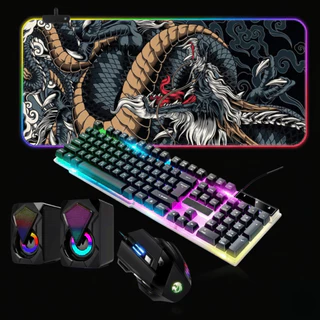 Kit Setup Mouse RGB + Teclado Semimecânico + Mousepad Dragão RGB 80x30cm + Caixa De Som LED