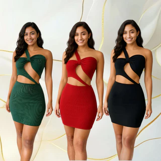 Vestido Festa Noite Balada Com Recortes Assimétrico Um Ombro Moda Feminino Malha Canelada Midi