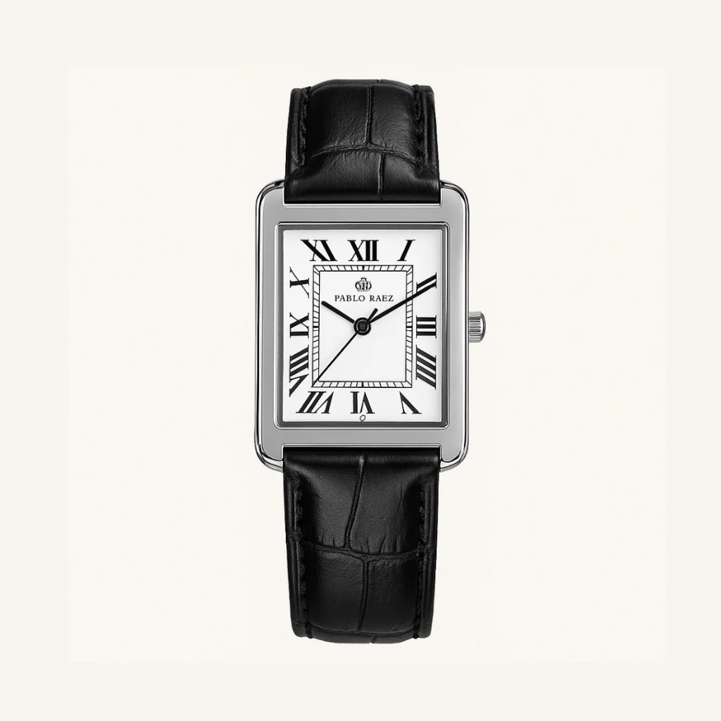 Relógio masculino luxo exclusivo Pablo Raez minimalista preto, branco quadrado estiloso pulso couro