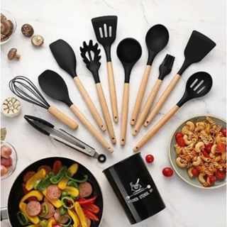 KIT 12 Peças de Utensílios Para Cozinha em Silicone e Bambu em Oferta na Shopee