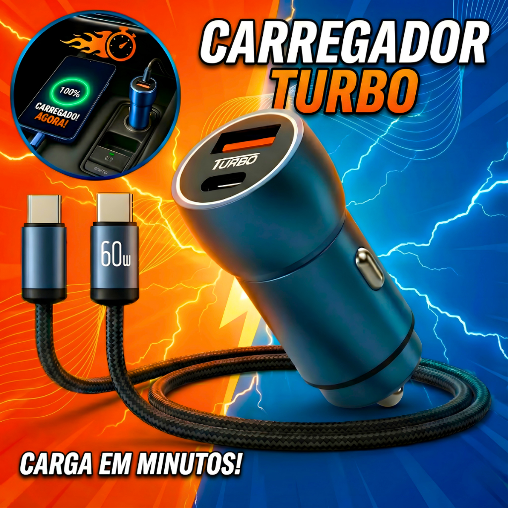 carregador de celular veicular Turbo 60W USB C para Carro + Cabo Tipo C ...