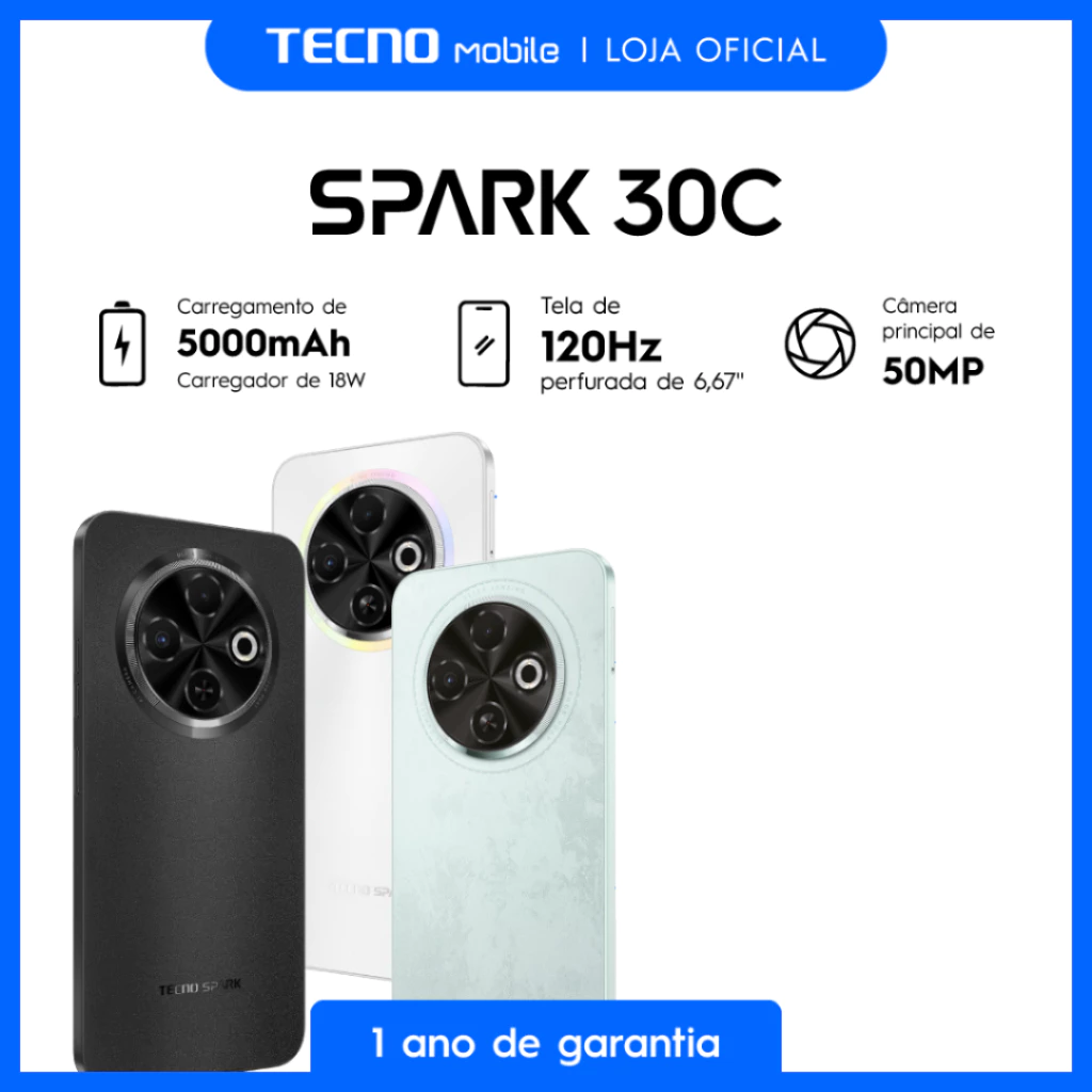 Tecno Spark 30C 4G 128 256GB e 4 8GB RAM Câmera 50MP Processador Mediatek Hélio G81 Bateria 5000mAh Versão Global