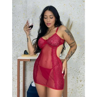 Camisola em Tule Rendada transparente  + calcinha regulagem  para noites quentes lingerie sexy em Oferta na Shopee