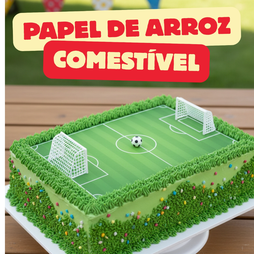 Papel de Arroz, Bolo campo Futebol, Decoração Comestível, Fe
