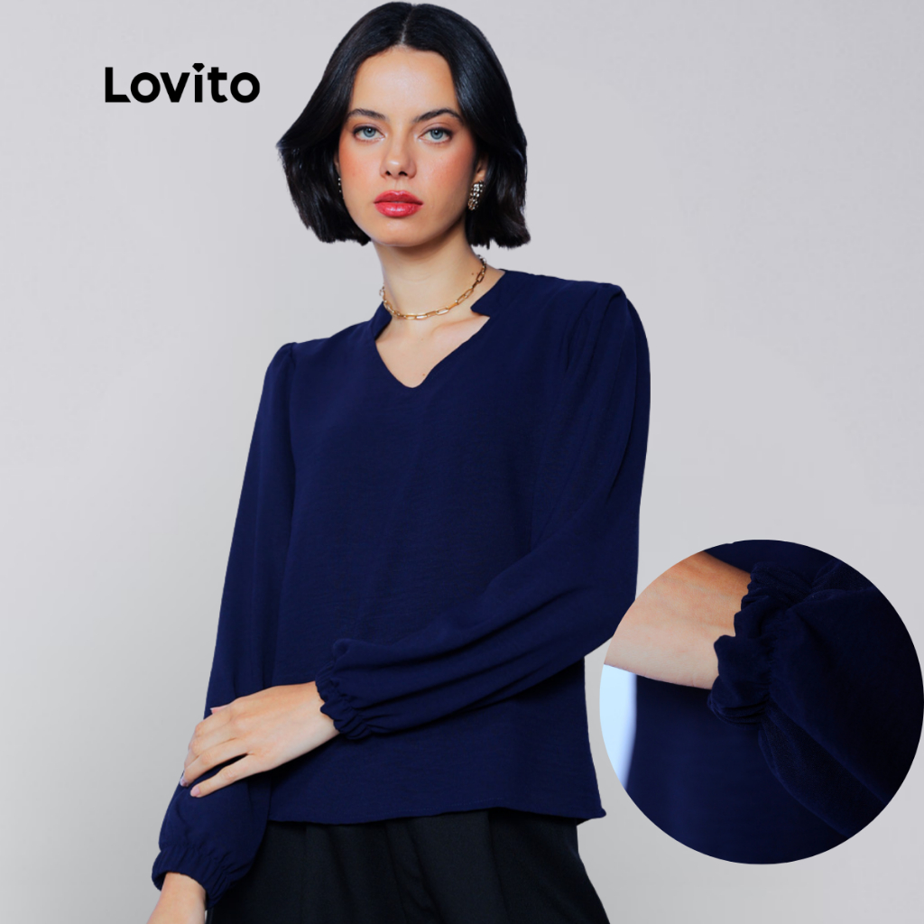 Lovito Blusa Azul Social Gola Manga Longa com Elastico na Manga Elegante Lisa Feminina LB905BRL935
