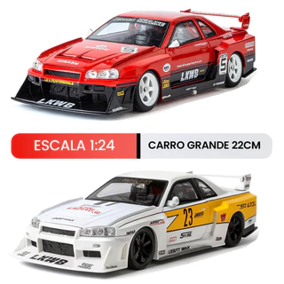 Brinquedo Carrinho de Metal Miniatura Nissan Skyline GT-R R34 1:24 com Luz e Som