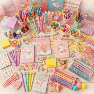 Kit Papelaria Fofa Kawaii Presente Criativo Material Escolar Caderno Adesivo Caneta Itens Variados
