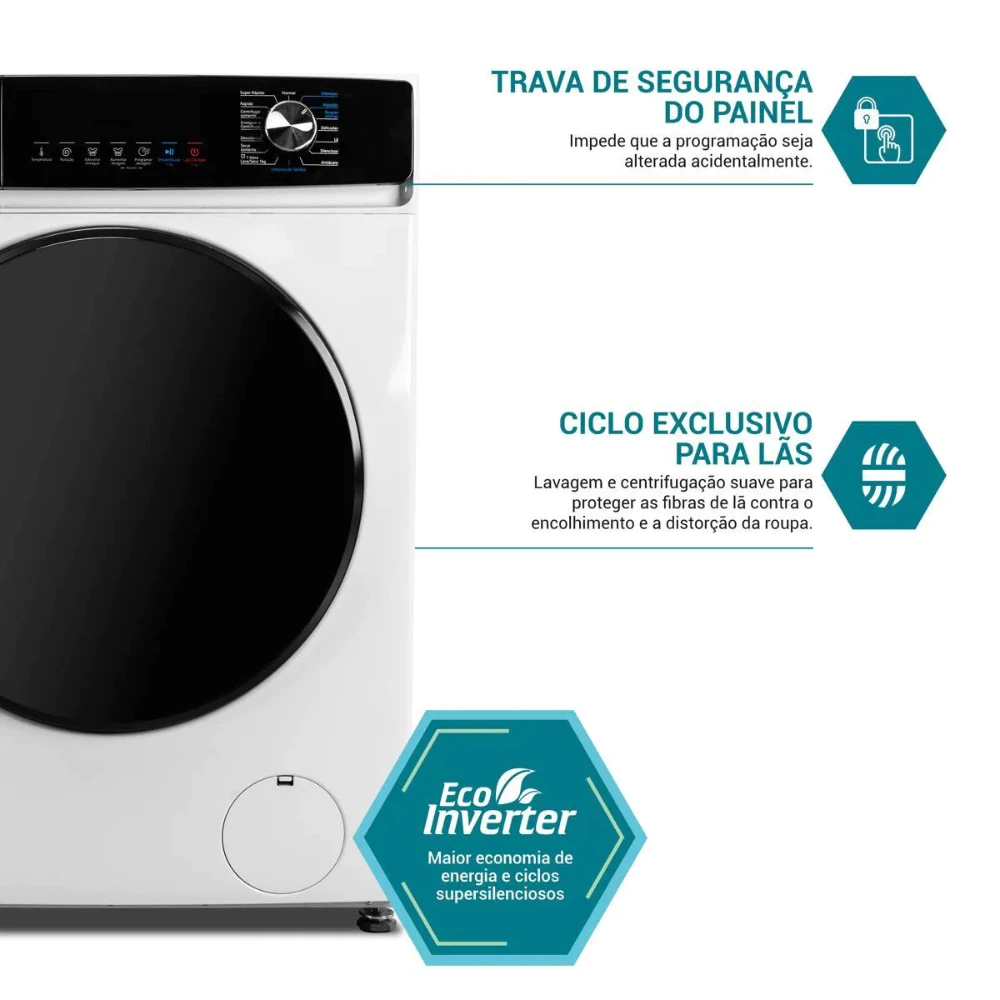 Infográfico destacando as funções da Lava e Seca Philco: trava de segurança, ciclo para lãs e motor Eco Inverter