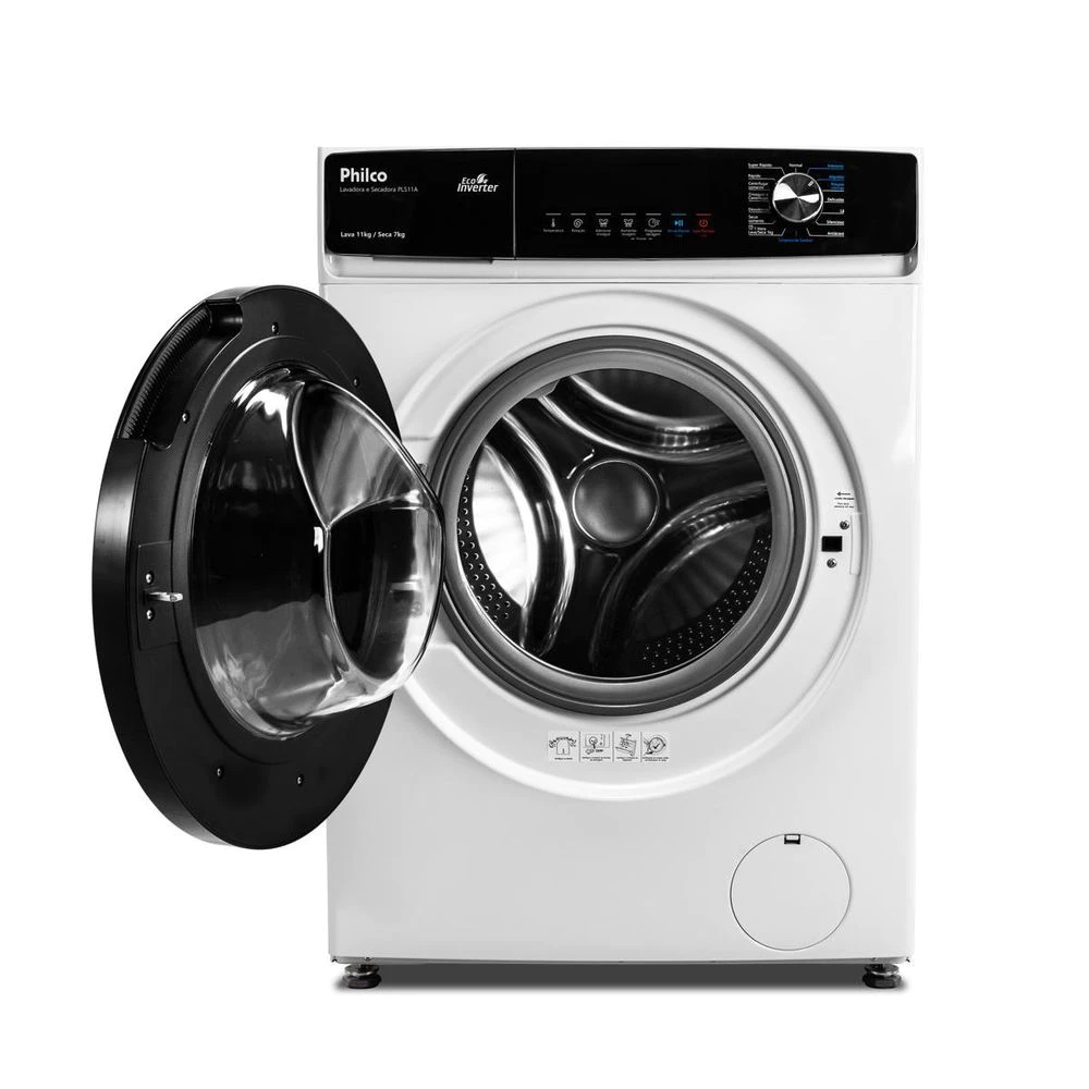 Lavadora e Secadora Philco 11kg com porta frontal aberta revelando o tambor interno de aço inox
