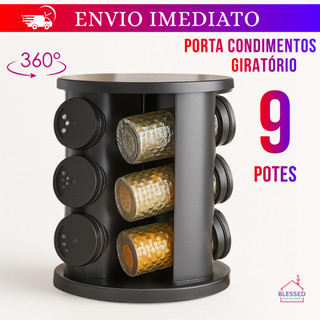 Porta Temperos Giratório Profissional 9 Potes de Vidro Com Tampa Dosadora Oferta Condimentos