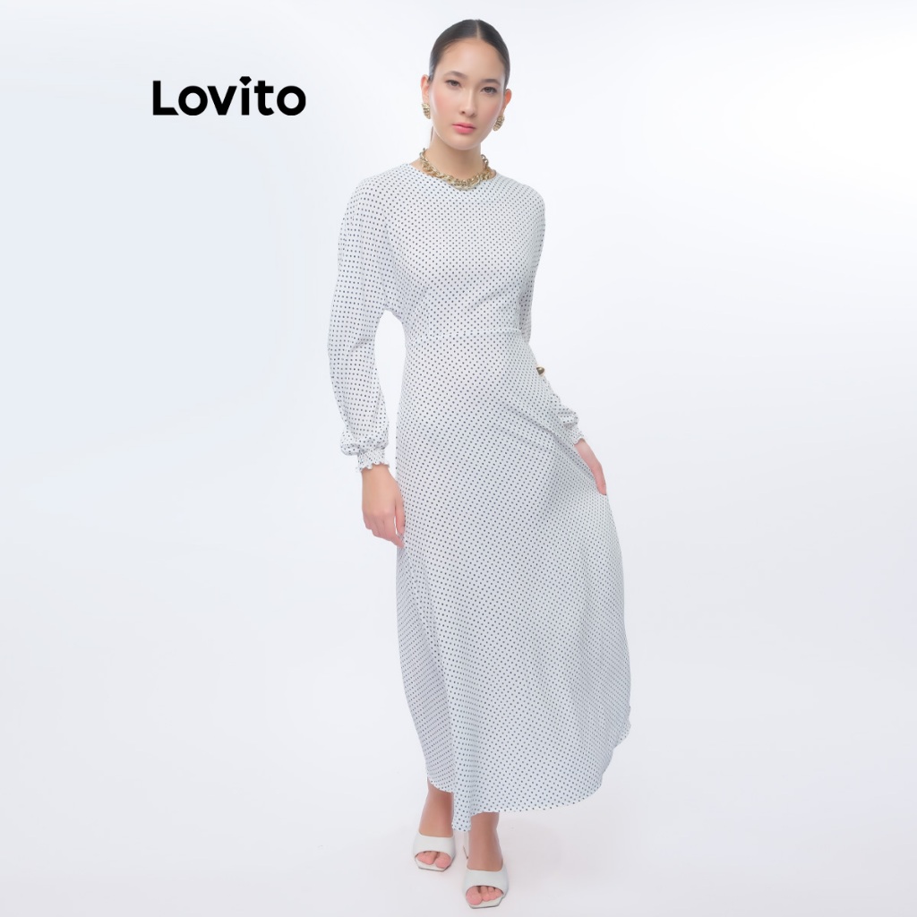 Lovito Vestido Poa Longo Manga Longa Elegante Moda Modesta para Mulheres LB456BRL485