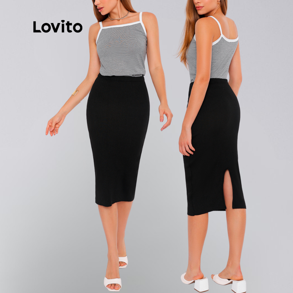 Lovito Saia Lapis Preta Tricot Feminina Reta LB380BRL409