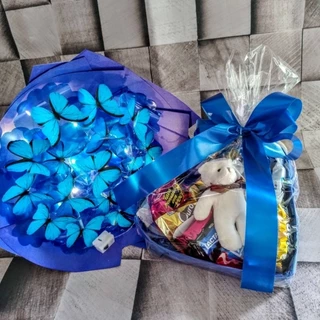 Cesta coração 14 bombons urso chaveiro+mini buquê 15 borboletas pronto para presentear(envio rápido)