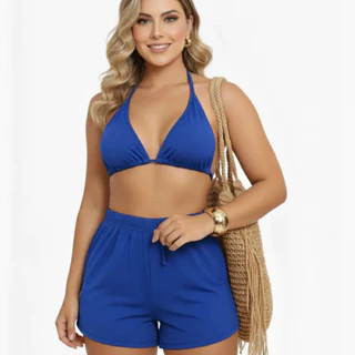 Biquíni Feminino Cortininha com bojo 3 Peças + Shorts Saída de Praia calcinha fio duplo em Oferta na Shopee