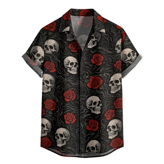 Camisa De Botão Preta Caveiras Rosas Floral De Caveira [Ref-110]