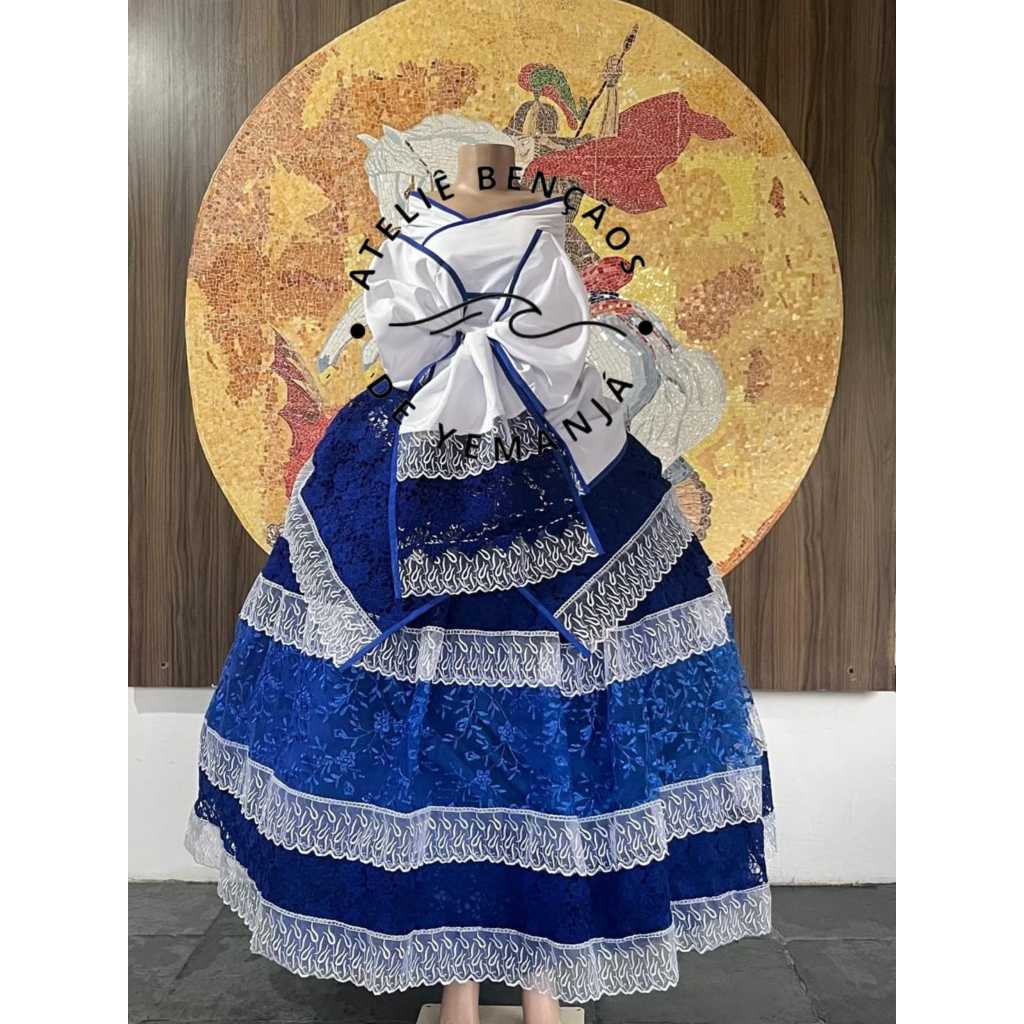 Roupa Yemanjá Azul Royal em Renda (saia, pano da costa, pano de cabeça ...