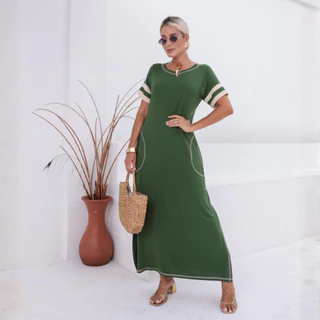 Vestido Longo Manga Duas Cores Fenda e Bolsos Laterais em Oferta na Shopee