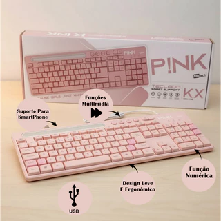 Teclado Computador Notebook Usb Layout Abnt2 Multimídia Rosa