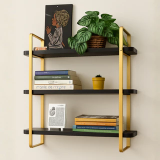 Prateleira Industrial Parede Suspensa 3 Andar Estrutura em Aço Carbono | Dourado/Preto Hone 60x16cm - Decoração Nicho