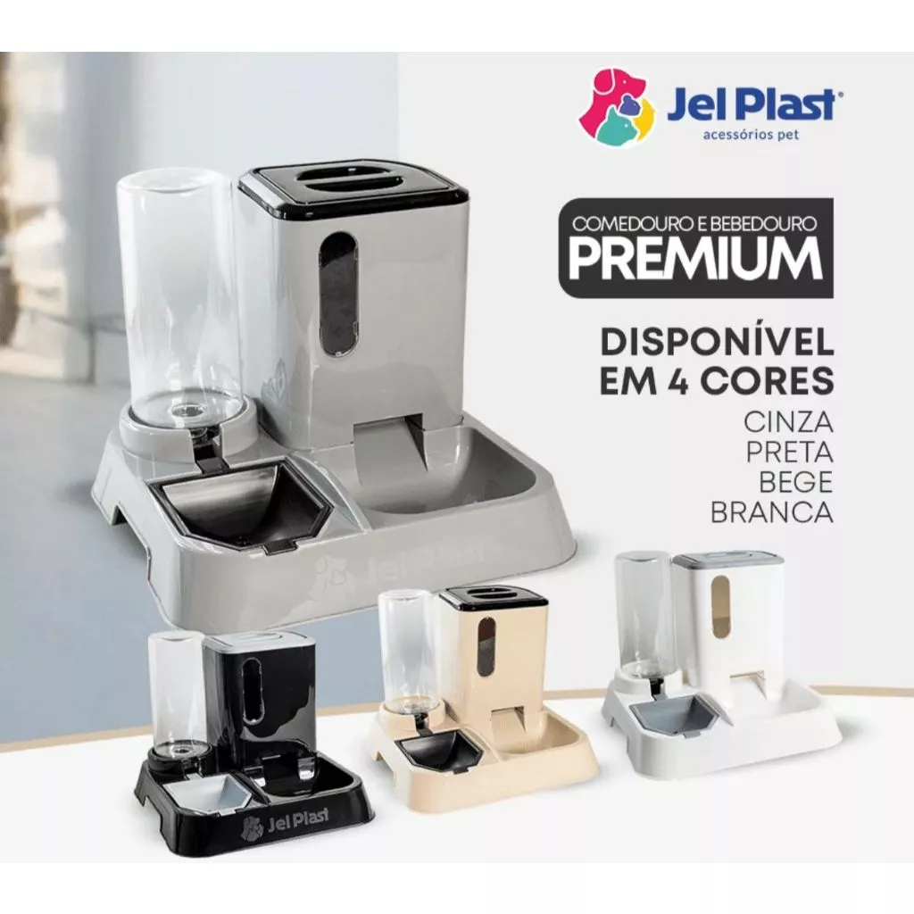 Apresentação da linha Premium do comedouro e bebedouro Jel Plast exibindo as quatro opções de cores disponíveis: cinza, preta, bege e branca.