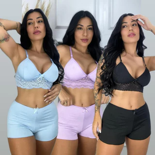 Pijama Top Renda Cores Variadas Short Doll Feminino Roupa de Dormir Detalhe de Luxo em Oferta na Shopee