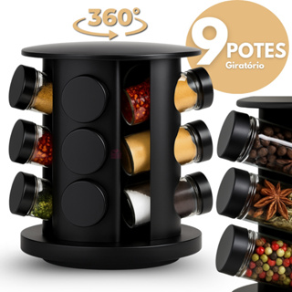 Porta Temperos Profissional Giratório 9 Potes Vidro PROMOÇÃO com Tampa Dosadora Condimentos