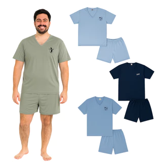 Kit 3 Pijamas Verão Masculino Manga Curta Básico Bordado Sortido P ao GG em Oferta na Shopee