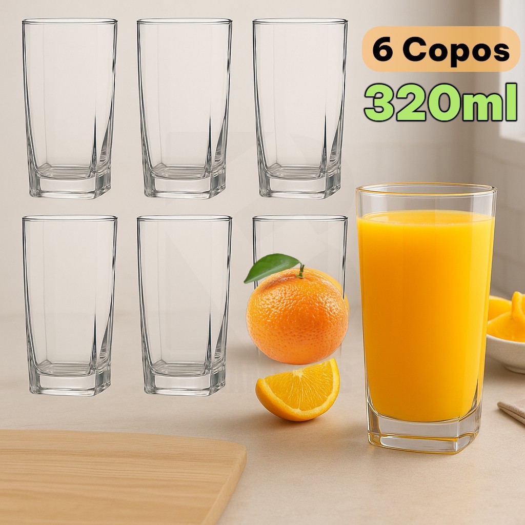 Jogo De 6 Copos de vidro Quadrado Bali 320ml Resistente Texas Luxo ...