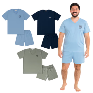 Pijama Verão Masculino Manga Curta Básico Bordado Sortido P ao GG em Oferta na Shopee