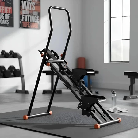 Simulador de escada e caminhada preto e laranja em ambiente de academia, sobre um tapete de exercícios, com halteres ao fundo.