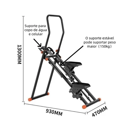 Simulador de escada e caminhada com dimensões (1300mm altura, 930mm comprimento, 470mm largura) e destaques para o suporte de copo/celular e a capacidade de 150kg.