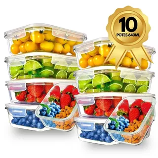 Conjunto 10 Potes 640ml Vidro Hermético Borossilicato Marmita 640ml Com 4 Travas
