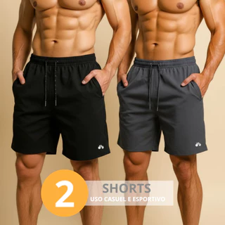 Kit 2 Shorts Tactel Elastano Masculino Bermuda Academia Praia Bolsos Cordão Ultra Leve