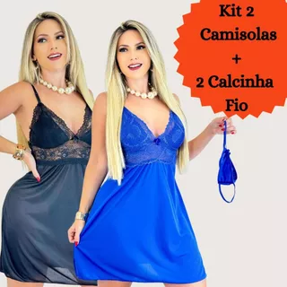 Kit 2 Camisola Feminina – Baby Doll com Renda e Fio Dental, Lingerie para Noite em Oferta na Shopee