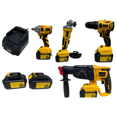 Kit Profissional 4 em 1 48V: Furadeira, Chave de Impacto, Esmerilhadeira, Parafusadeira + 2/4 Baterias