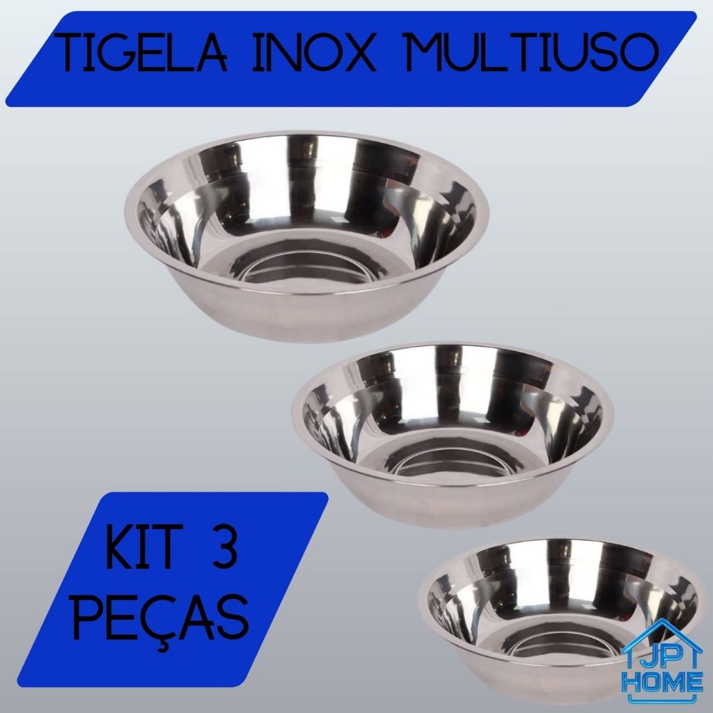 Conjunto de Tigela Inox 3 Peças Bowl Bacia Vasilha Saladeira